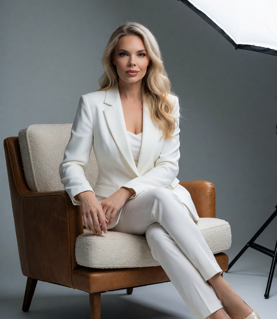 A woman in a white suit sits elegantly on a modern armchair.