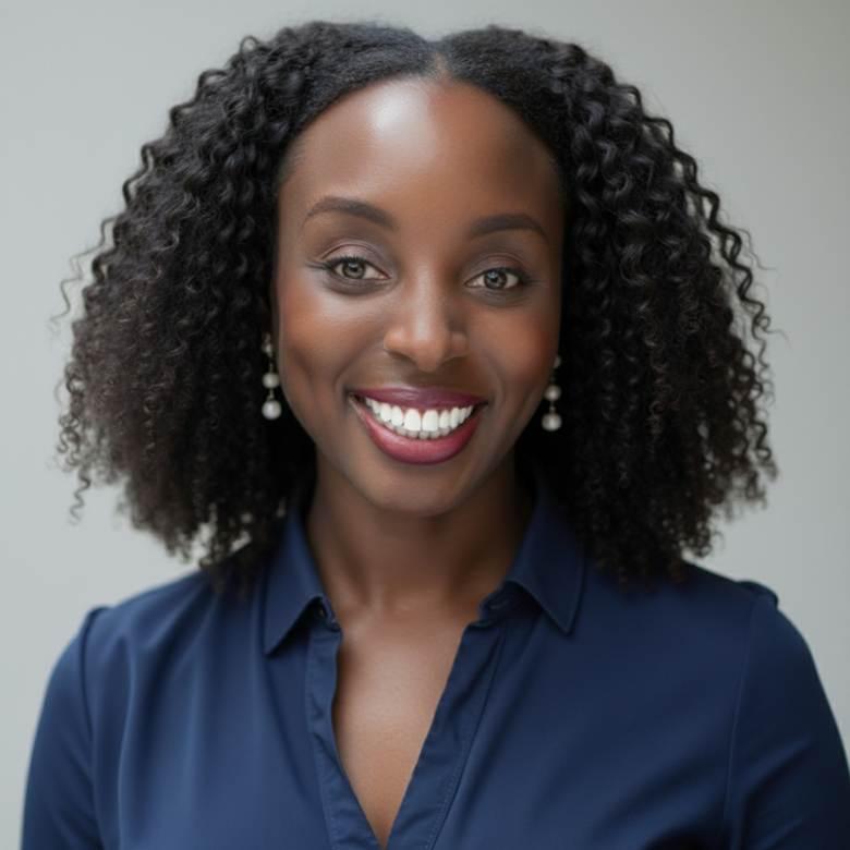 Smiling woman with curly hair wearing a blue shirt and pearl earrings