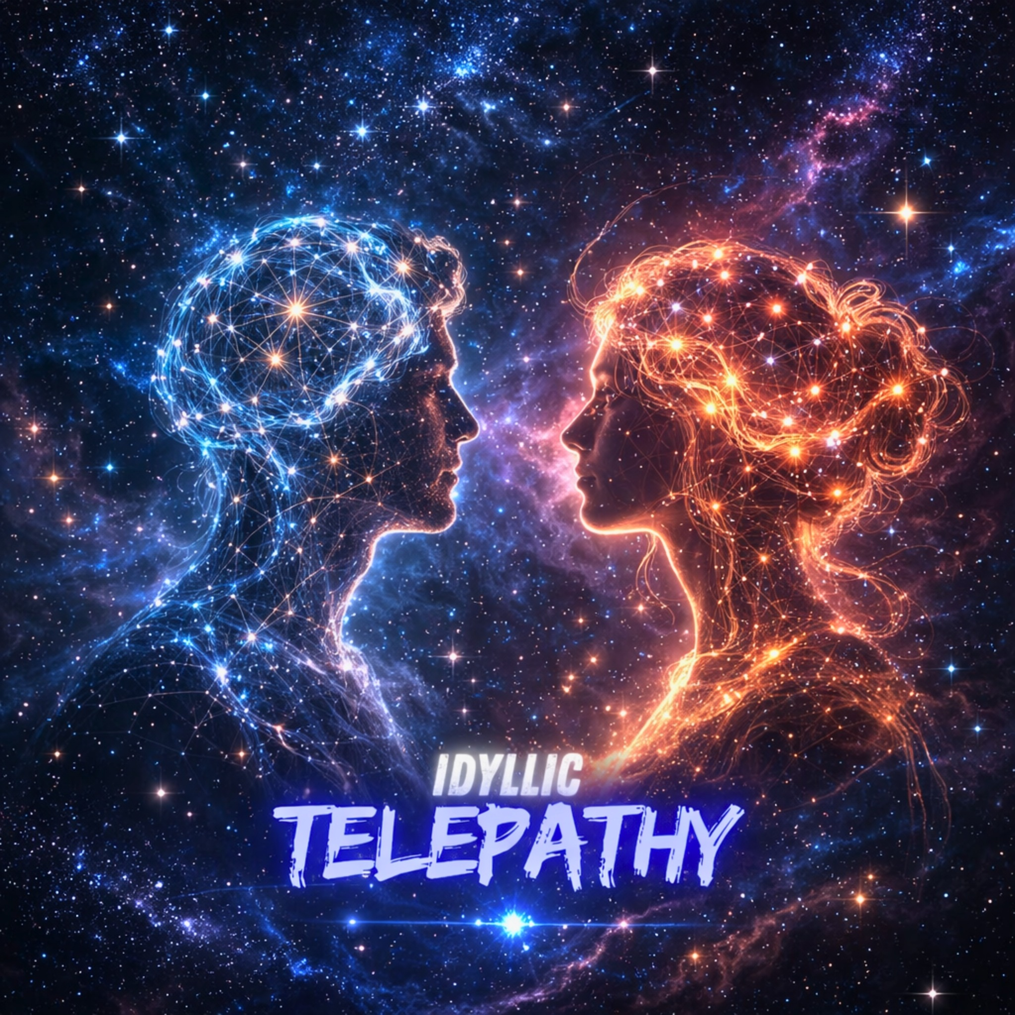 A cosmic scene of two silhouettes interconnected by glowing star networks representing telepathy.