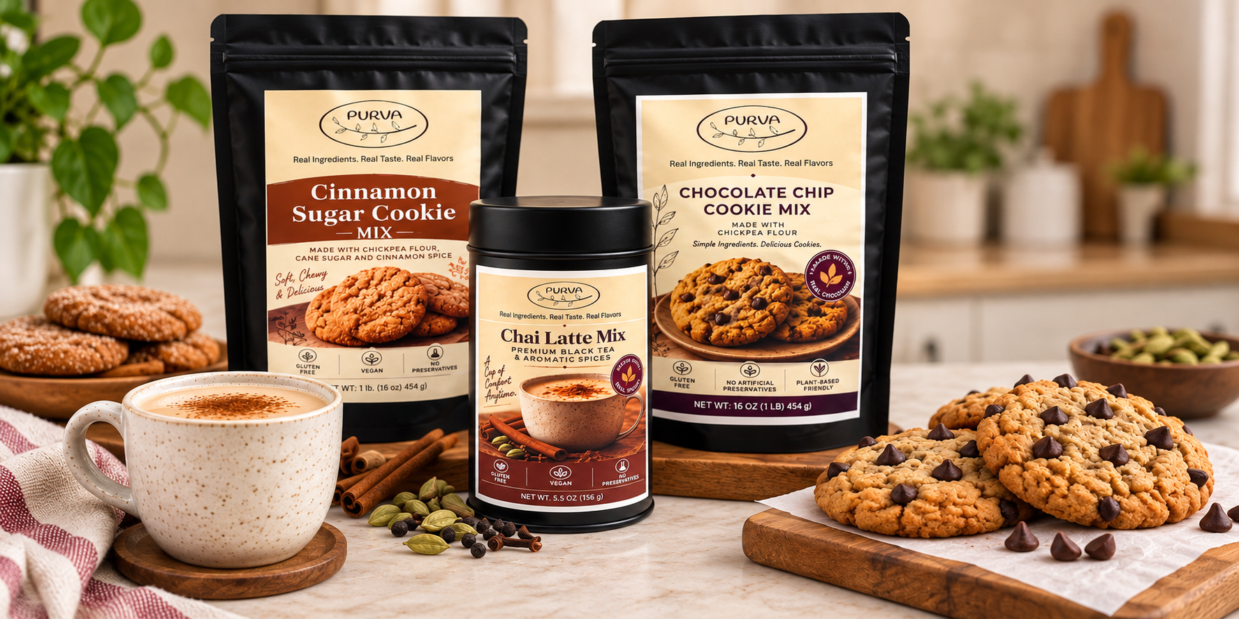 Baking products on a kitchen counter with a mug of coffee and cookies