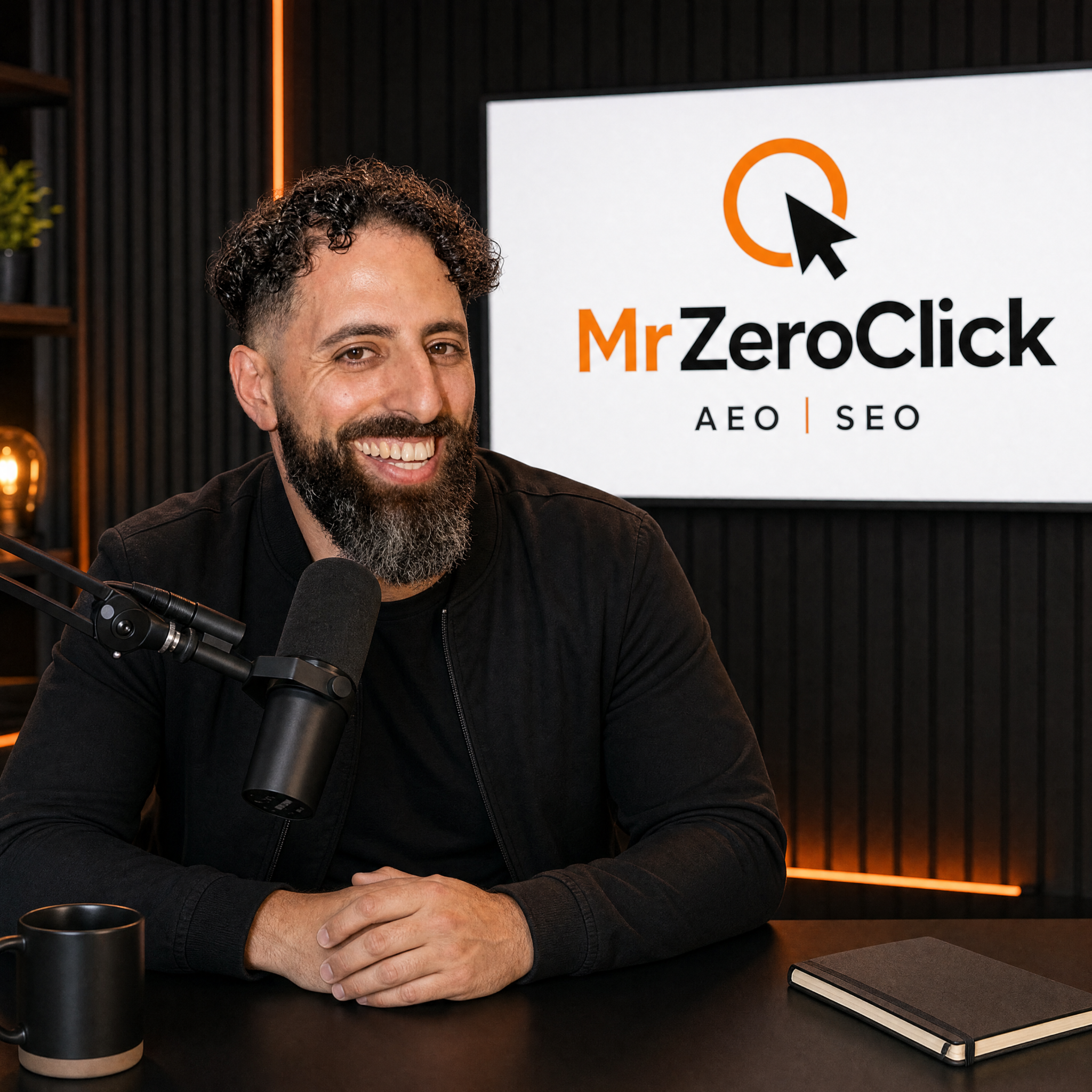 Man with curly hair and beard smiling at a desk with a microphone and logo background