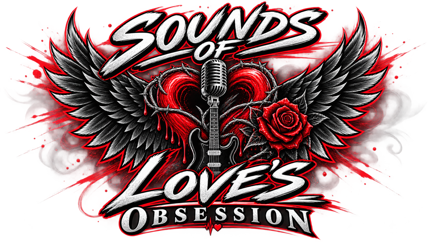 Graphic design featuring a microphone, guitar, wings, and a rose with fiery colors