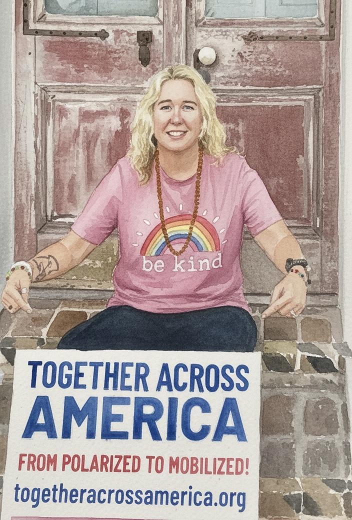 A smiling woman in a pink shirt sits with a sign promoting unity.