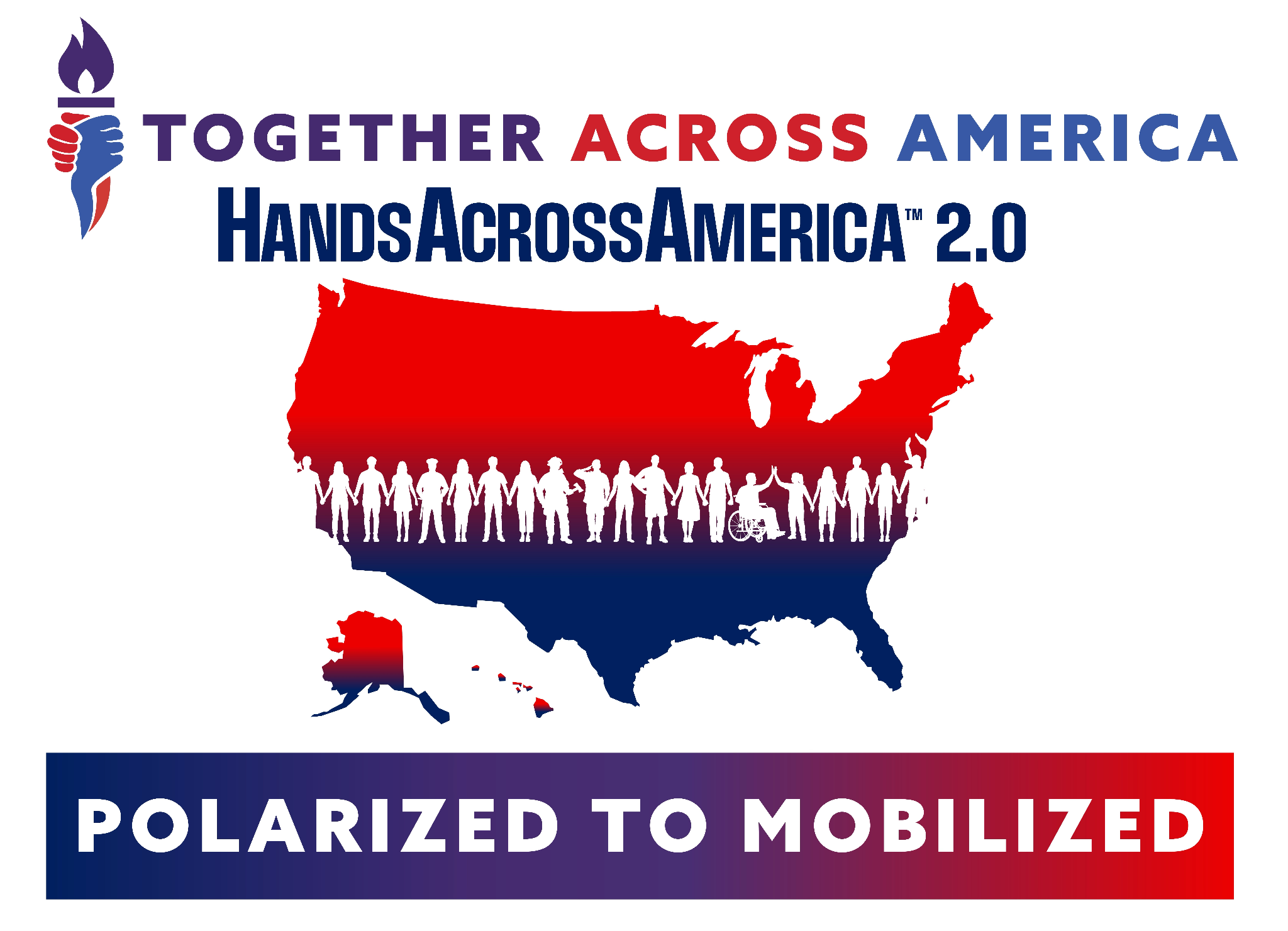 Logo for Hands Across America 2.0 featuring a red, white, and blue map of the USA.
