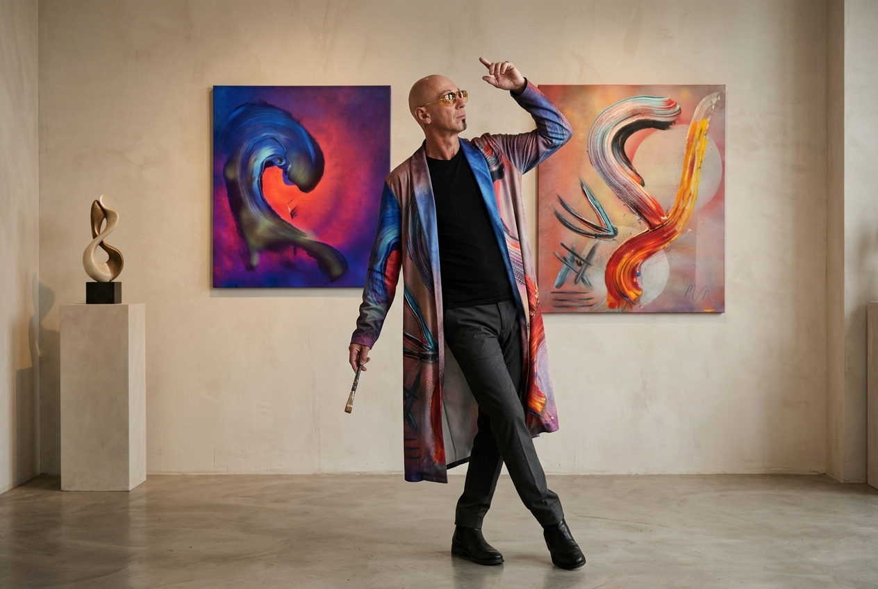 A person in a colorful coat stands in an art gallery with abstract paintings.