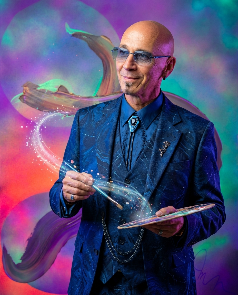 A man in a blue suit holds a palette, surrounded by colorful abstract swirls