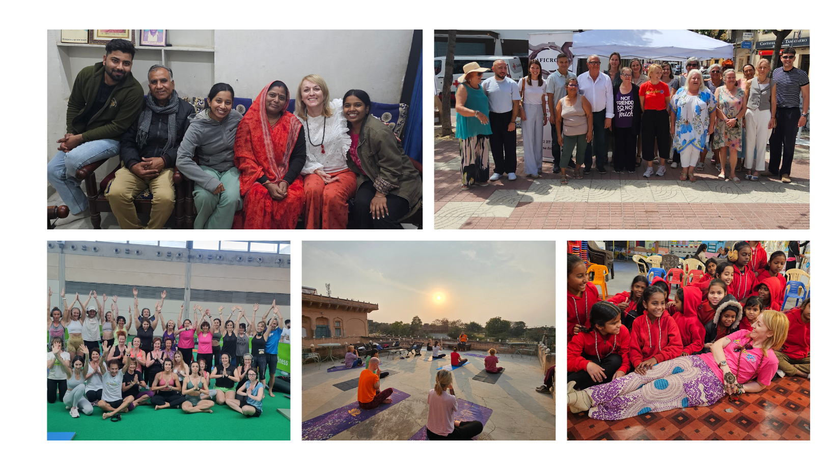 Collage of diverse groups engaging in yoga, social gatherings, and cultural activities.
