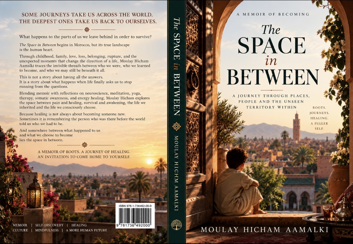Book cover for "The Space in Between" by Moulay Hicham Aamaliki, featuring a scenic backdrop.