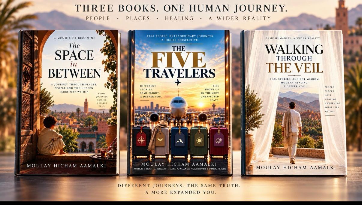 Three book covers by Moulay Hicham Aamalek exploring human journeys and healing.