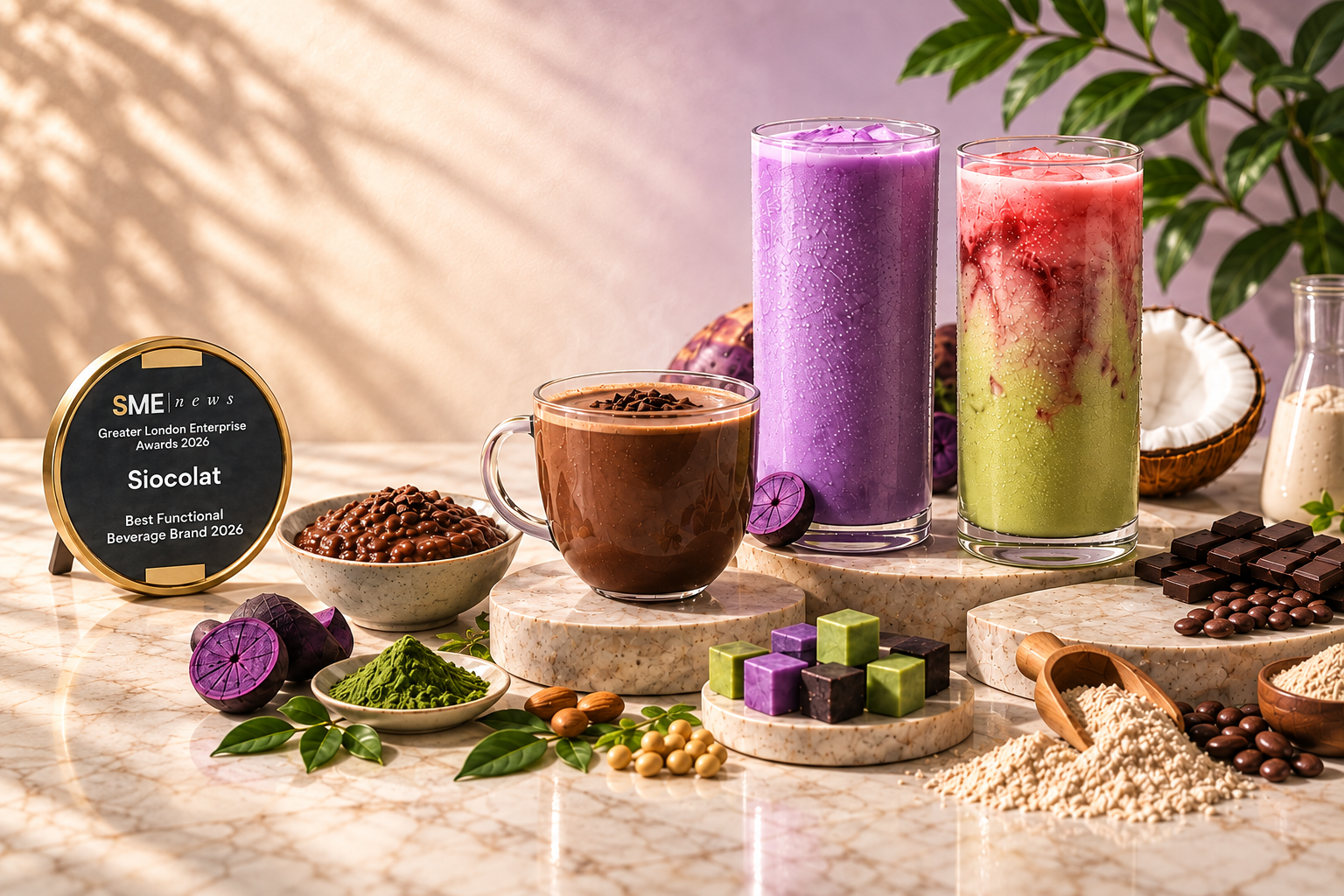 Colorful beverages and chocolate products displayed with an award on a marble surface
