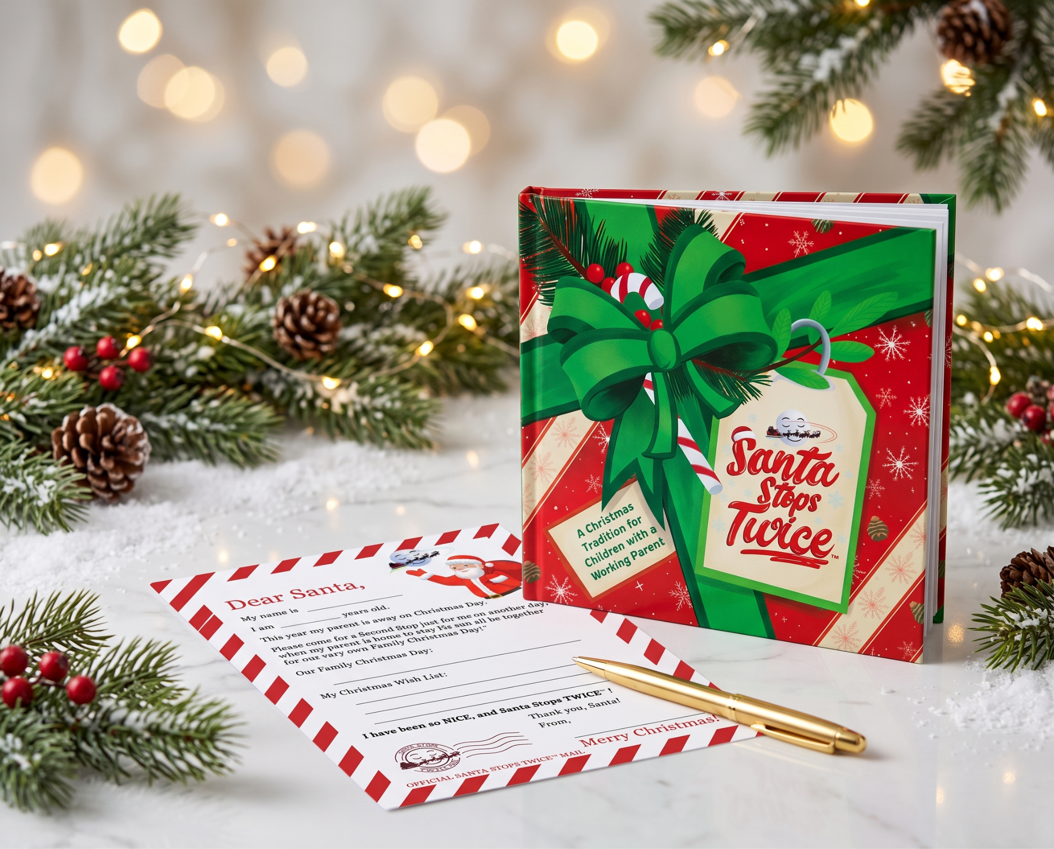 Christmas-themed book and letter to Santa decorated with festive greenery and ornaments