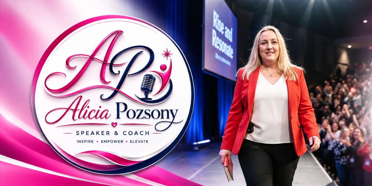 Alicia Pozzoni walking on stage, logo featuring her name and title as speaker and coach