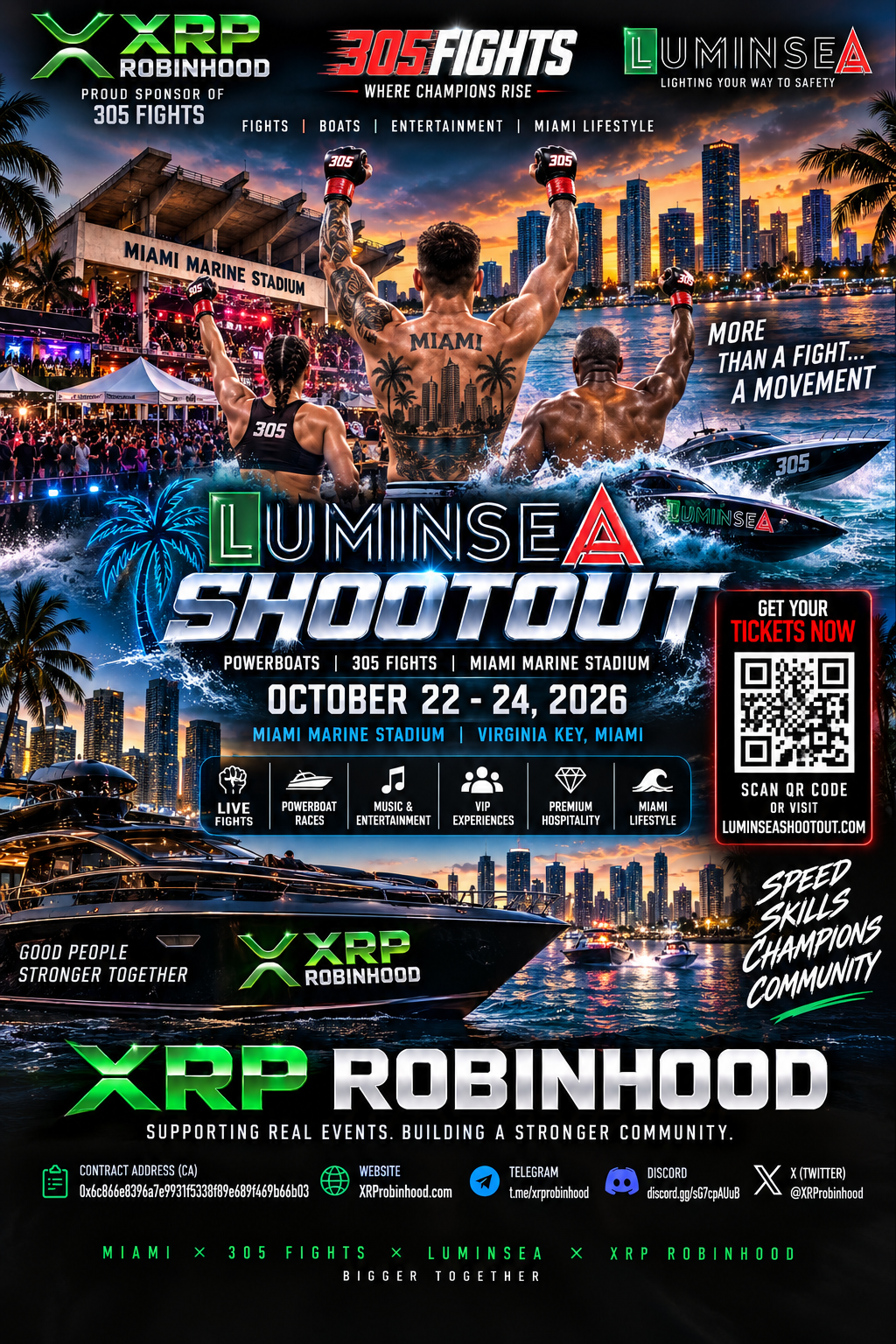 Poster for Luminesea Shootout event featuring boats, food, and community at Miami Marine Stadium