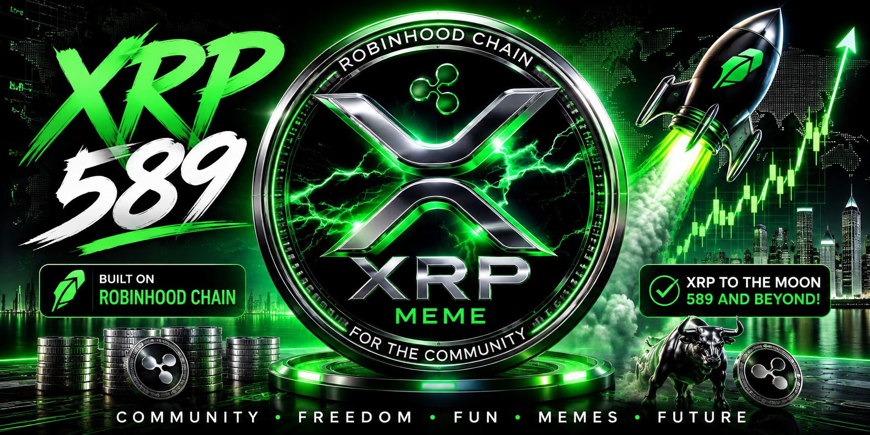 XRP meme promotional graphic featuring green colors, crypto themes, and a futuristic design