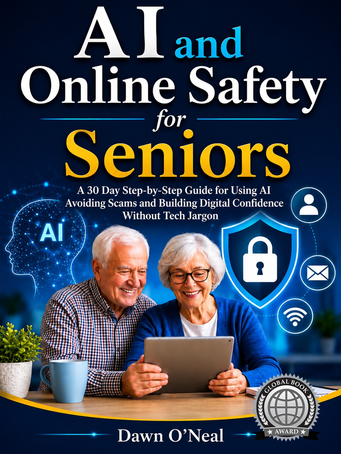 Book cover featuring seniors using technology, focusing on AI and online safety for seniors