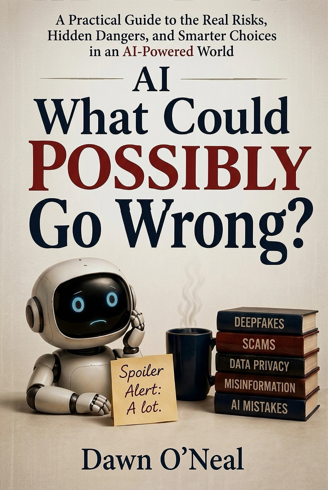 Book cover featuring a robot and titles about AI risks and issues