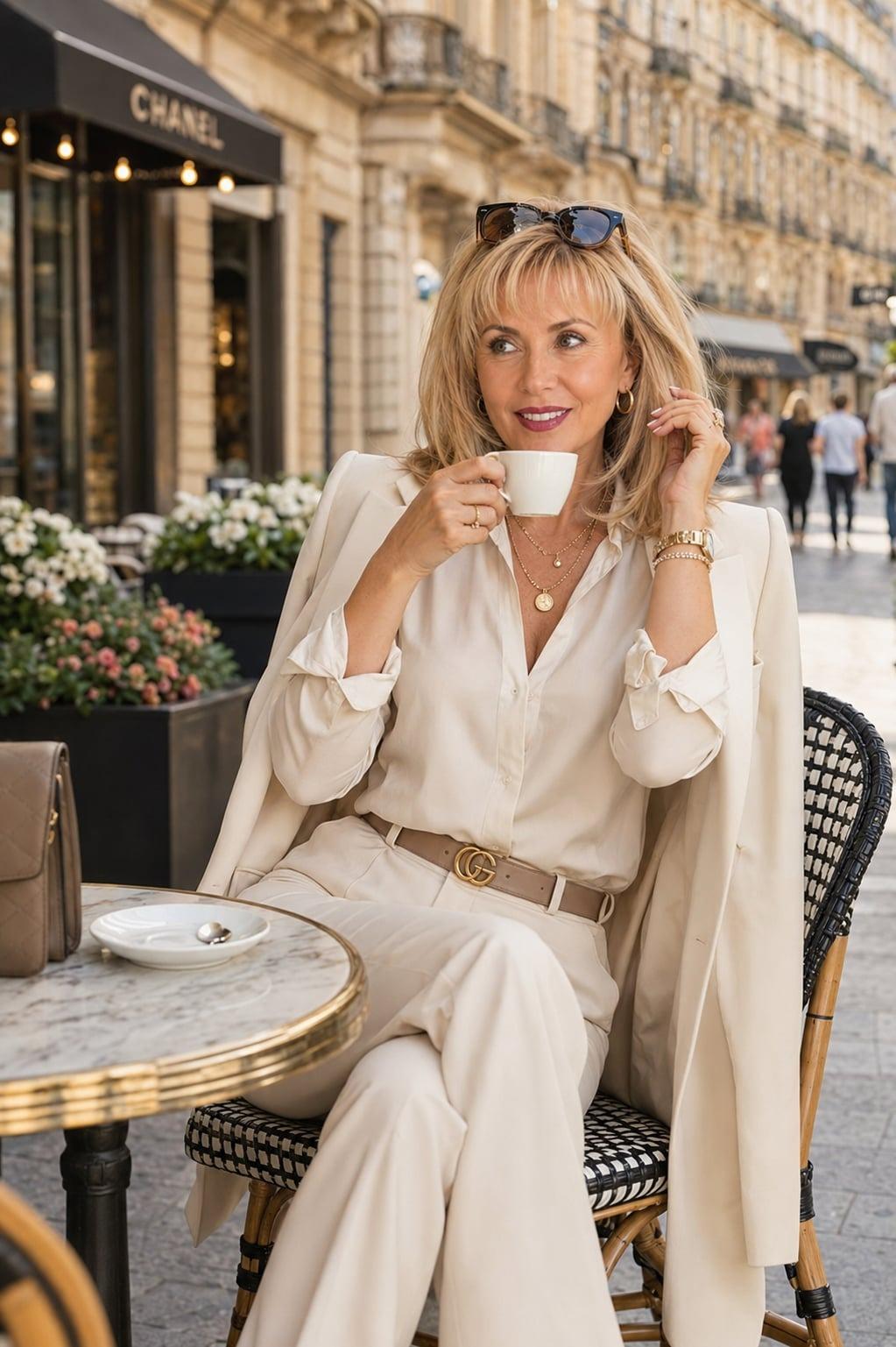 Woman in a stylish outfit enjoying coffee at an outdoor café in Paris.