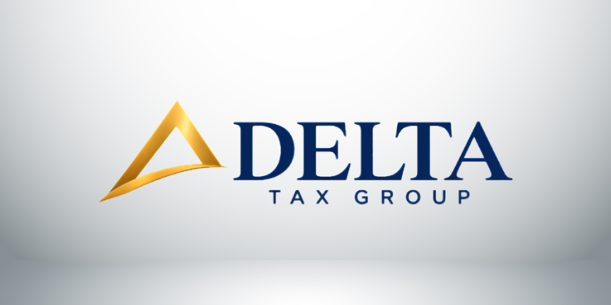 Logo of Delta Tax Group featuring a gold triangle and blue text
