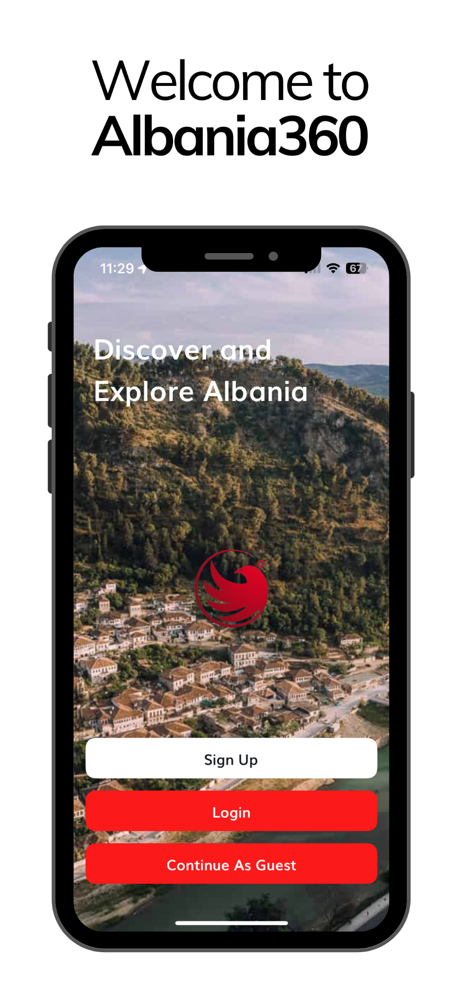 Smartphone displaying the Albania360 app welcome screen with landscape background and buttons