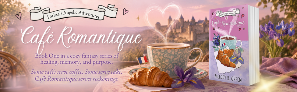 Illustration of a cozy café scene with a book cover featuring a cup and croissant