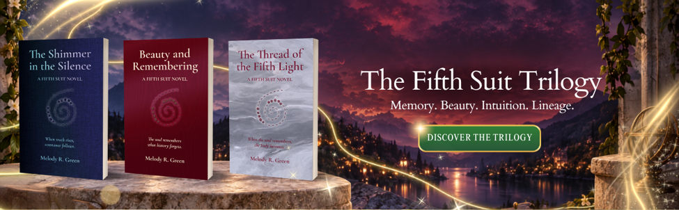Promotional image for The Fifth Suit Trilogy featuring three book covers and a scenic background