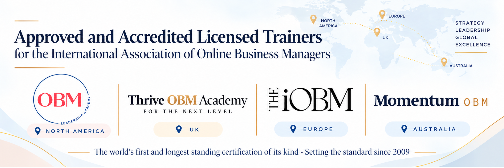 Graphic showcasing approved trainers for the International Association of Online Business Managers worldwide