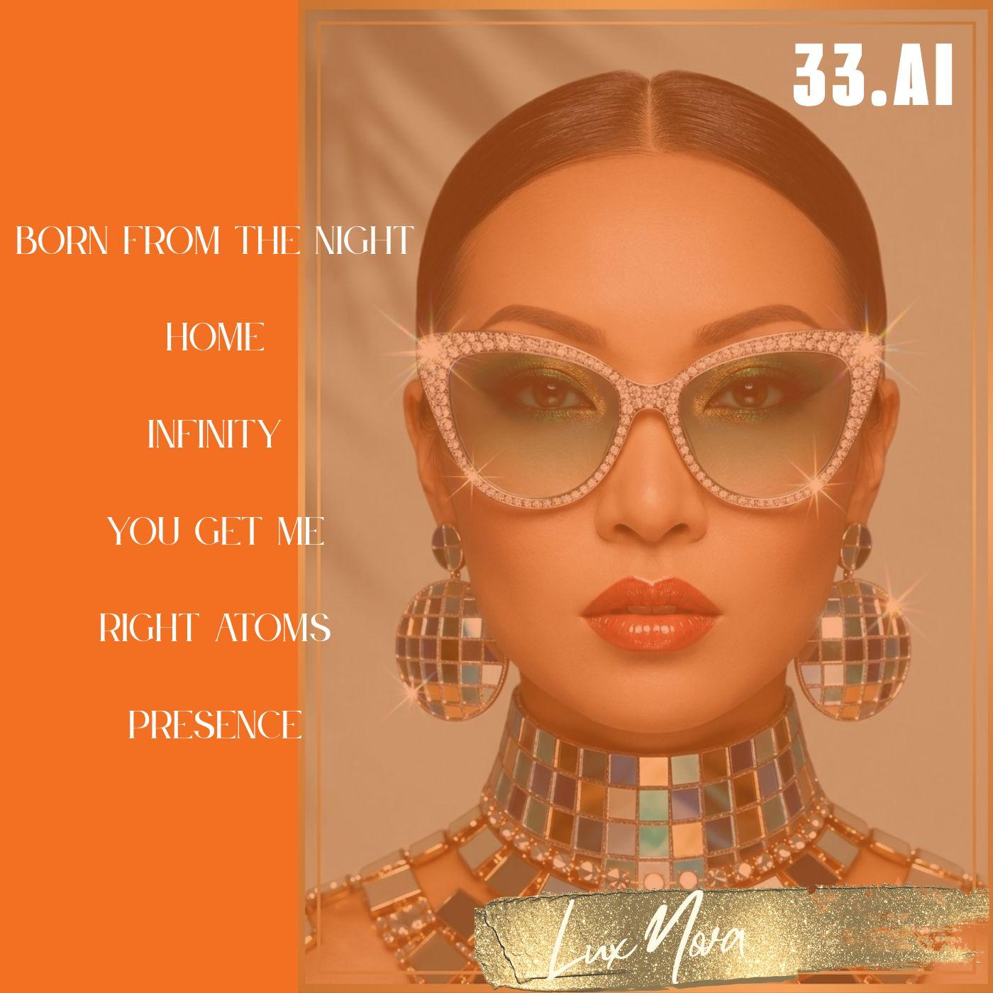 Fashionable person wearing sunglasses and bold jewelry against an orange background