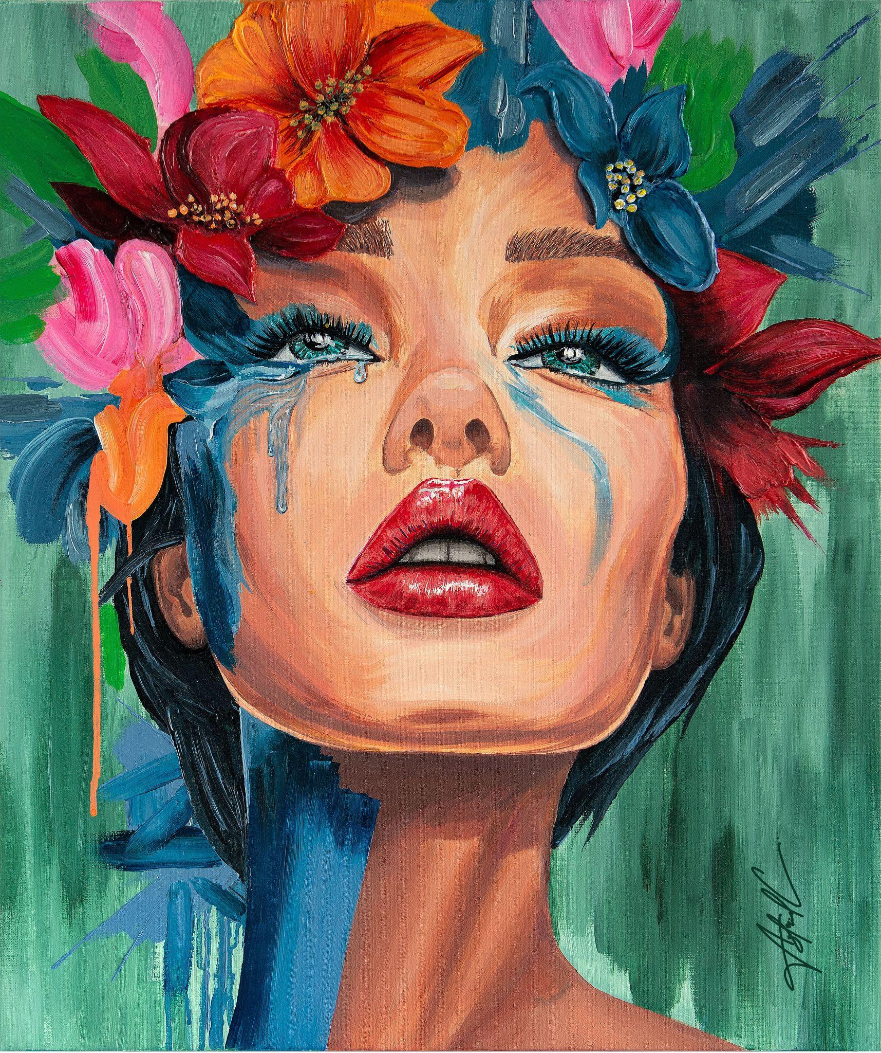 Vibrant portrait of a woman with flowers, blue paint, and expressive tear-like details