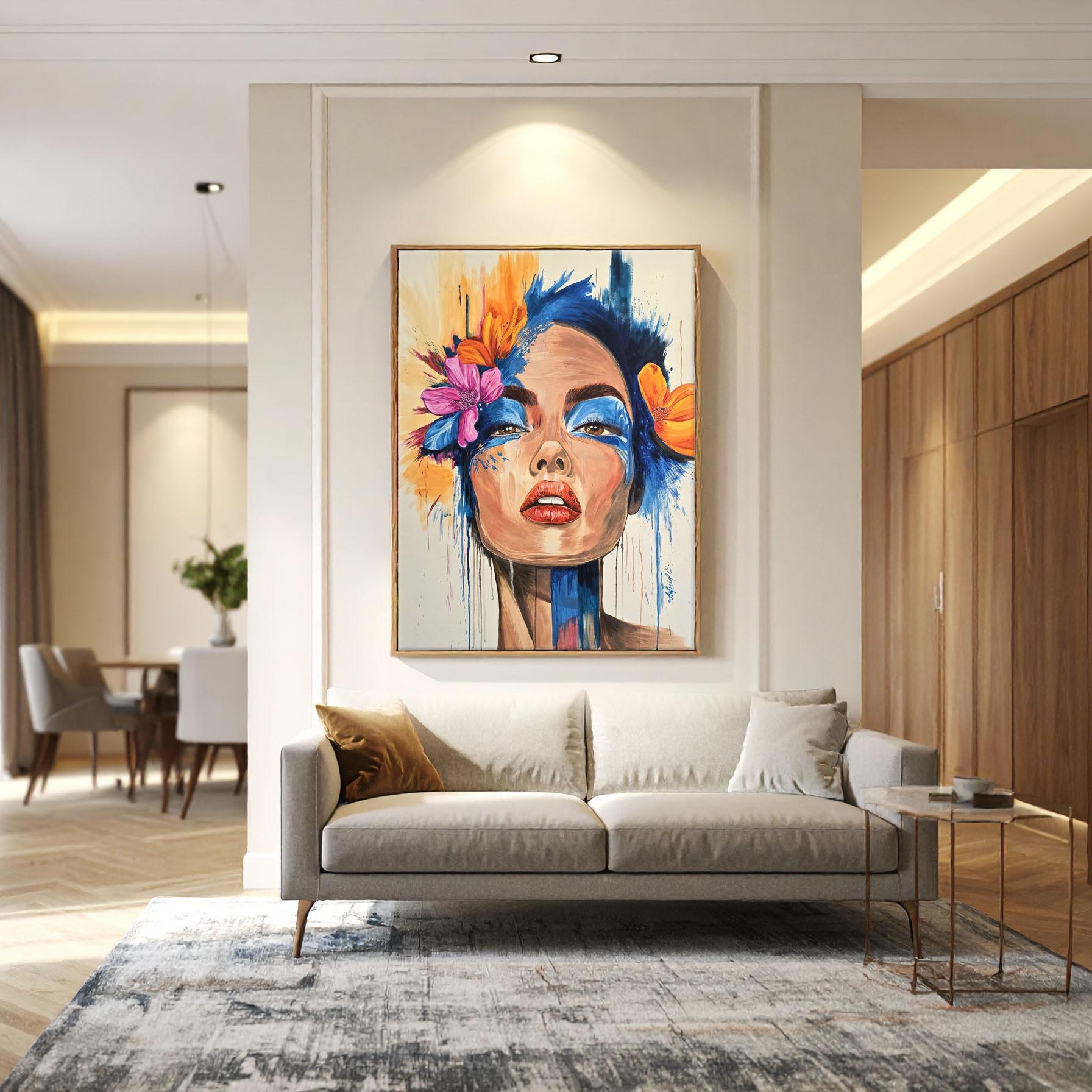 Colorful portrait painting of a woman with flowers on her head in a modern living room