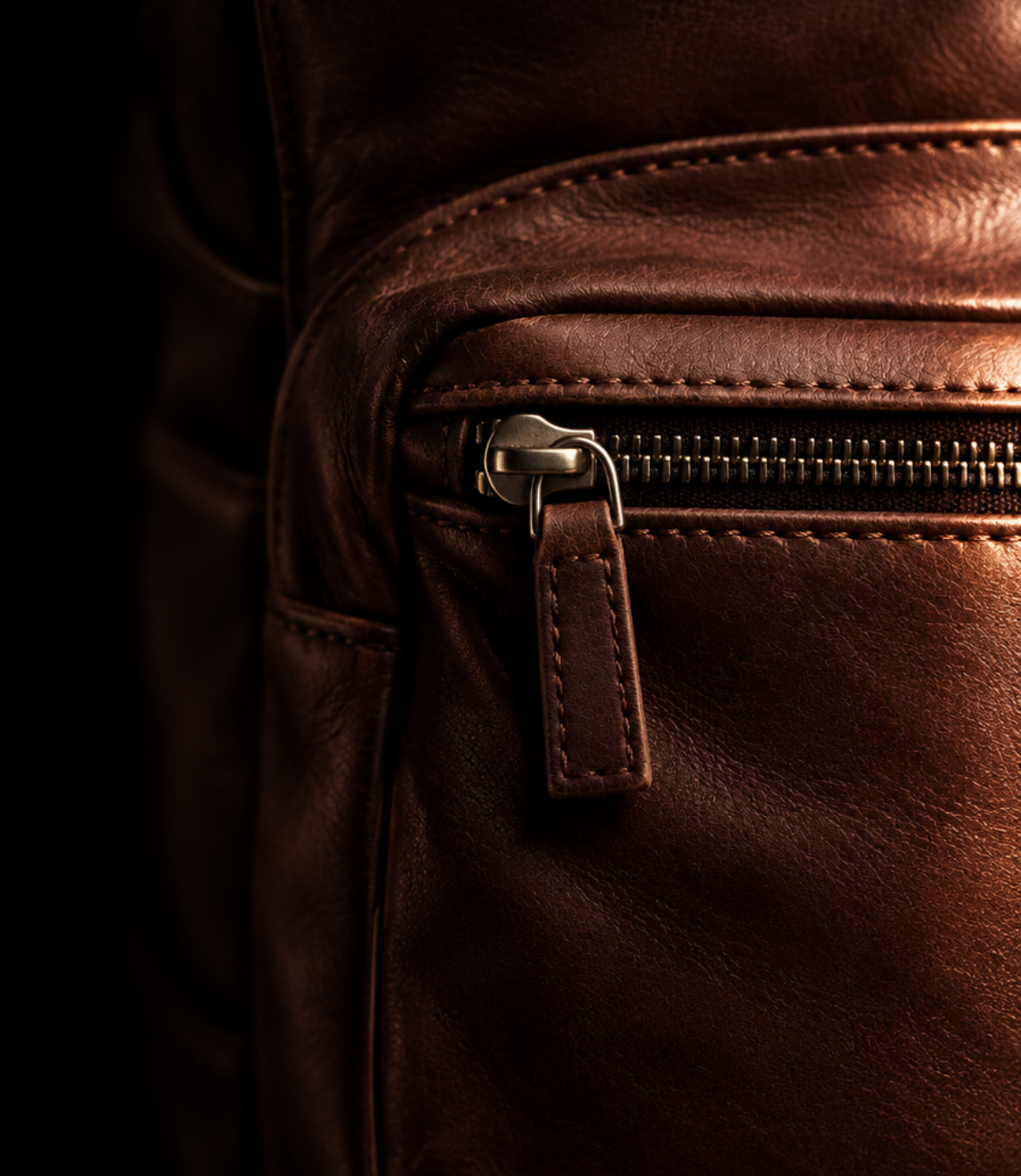 Close-up of a brown leather bag with a zipper detail