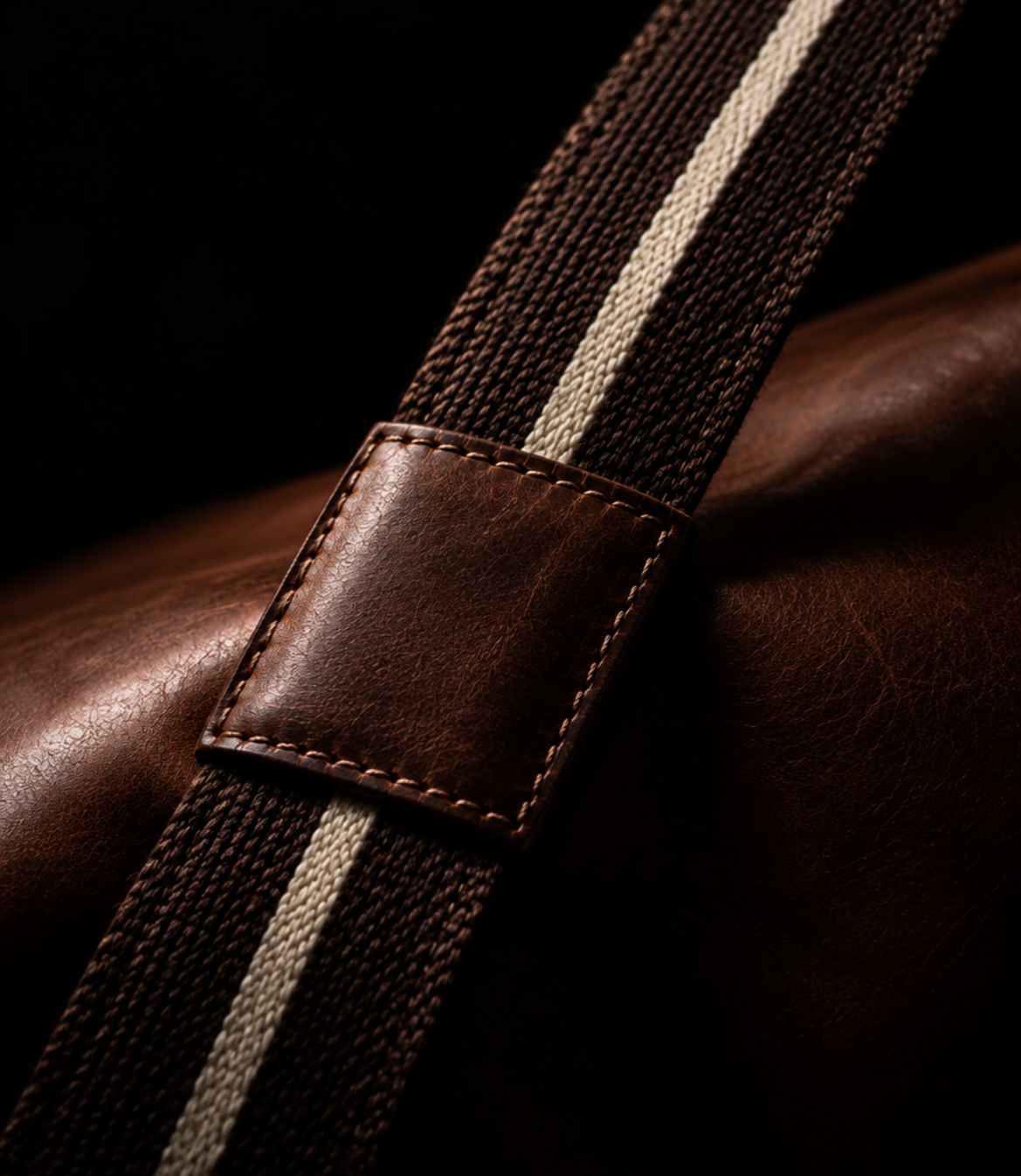 Close-up of a brown leather bag strap with a textured fabric detail
