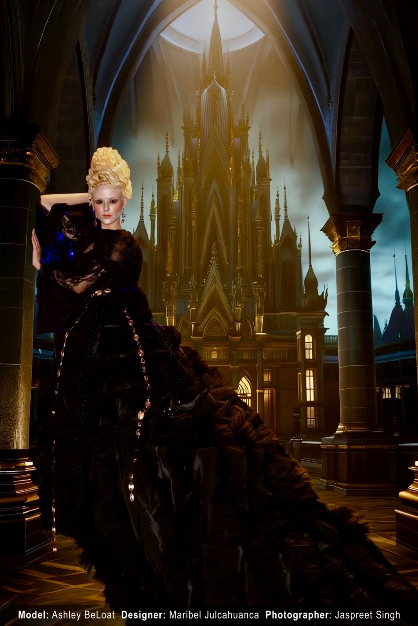 A model in an elaborate black gown poses in a grand, castle-like setting
