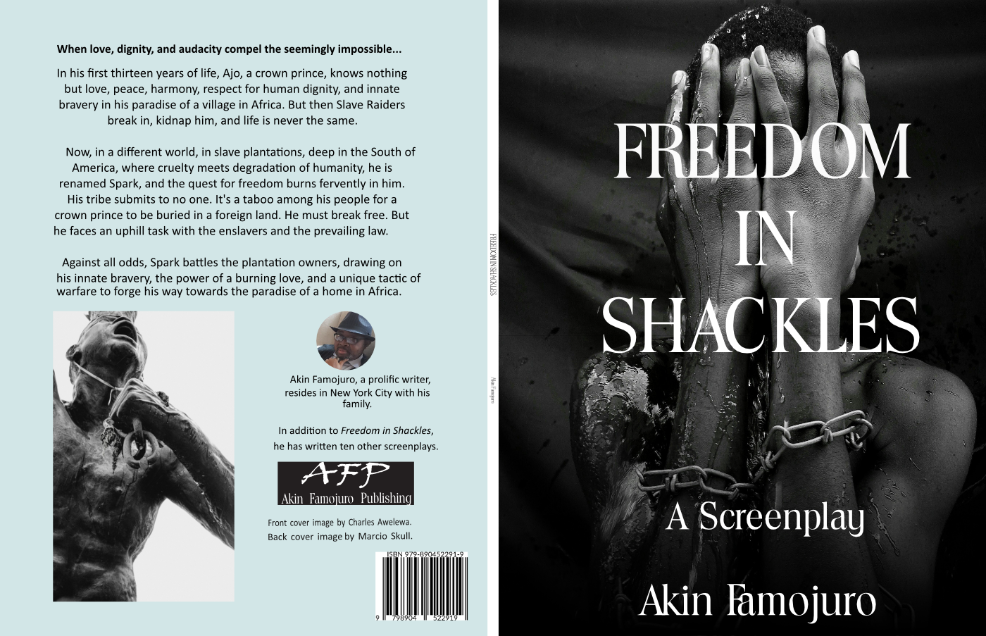Book cover for "Freedom in Shackles," featuring a screenplay by Akin Famojuro.