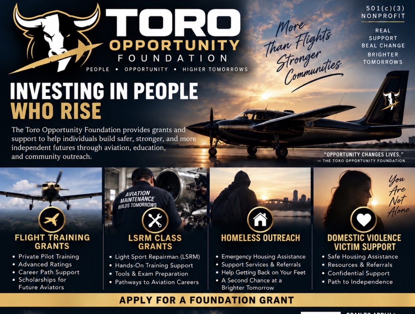 Promotional flyer for Toro Opportunity Foundation highlighting grants and community support initiatives