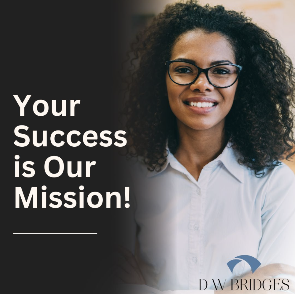 Smiling woman with curly hair and glasses, promoting a success-focused mission.