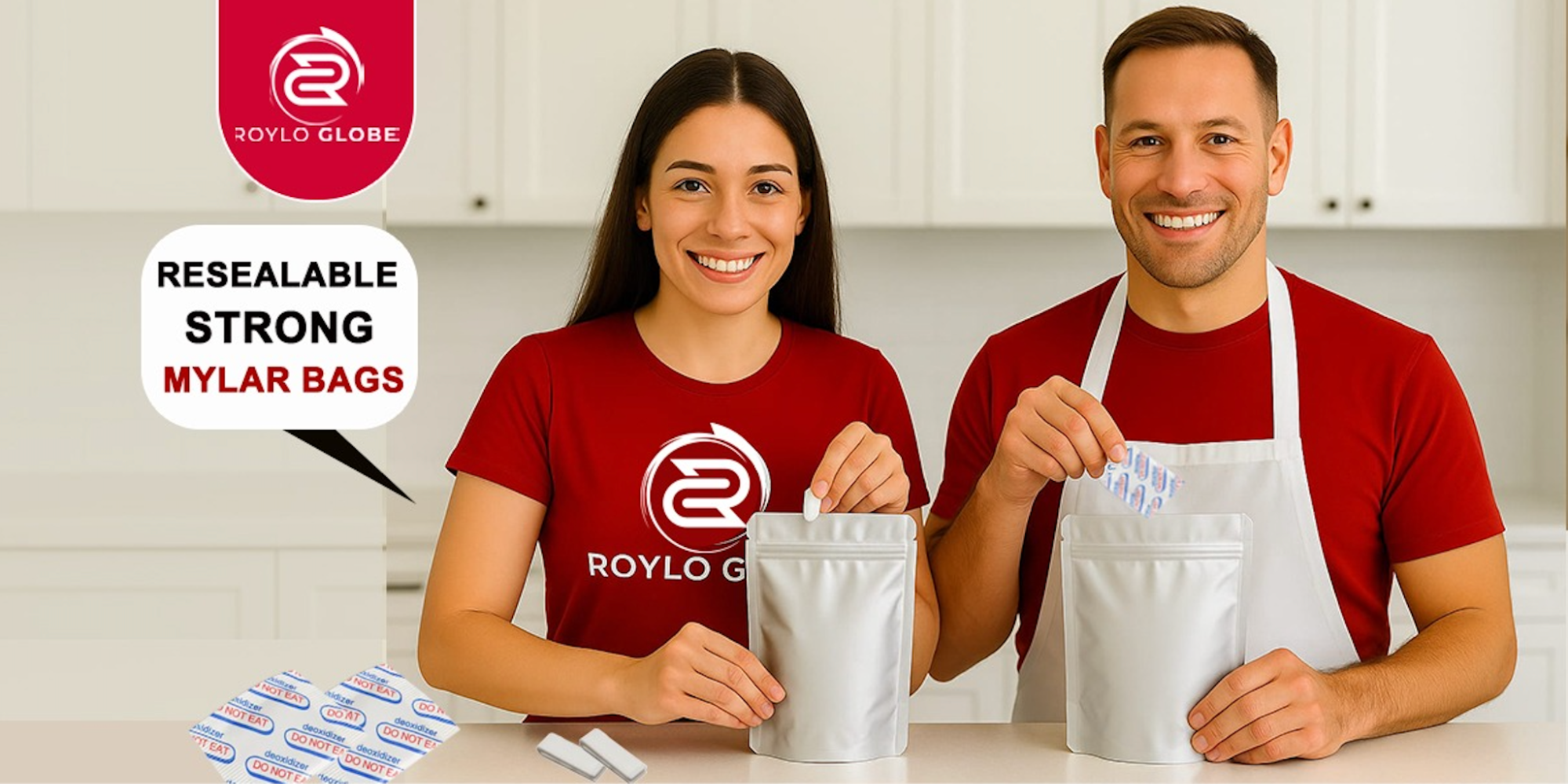 Two smiling individuals in matching red shirts holding mylar bags in a kitchen setting