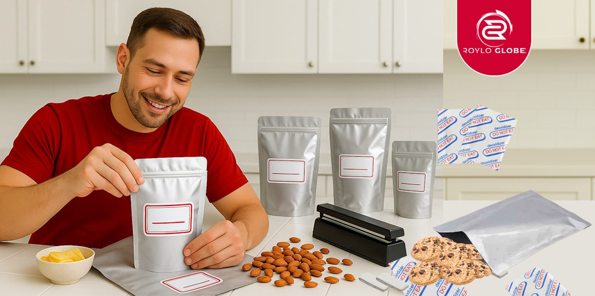 Man sealing snack bags with almonds and cookies on a kitchen table