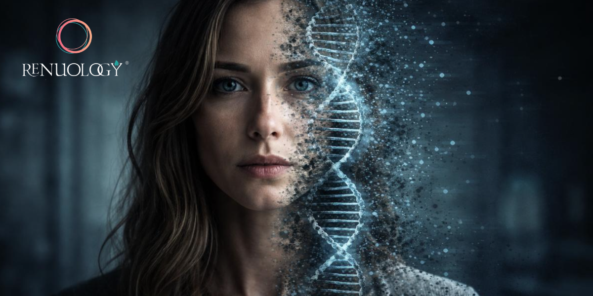 A woman's face partially dissolves into digital DNA strands against a dark background