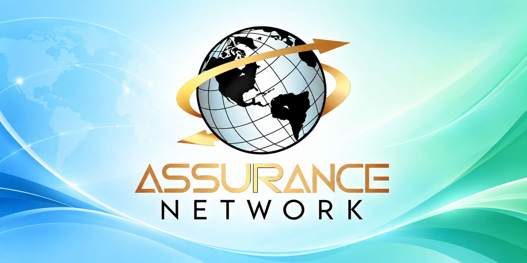 Logo of Assurance Network with a globe and stylized waves in blue and green