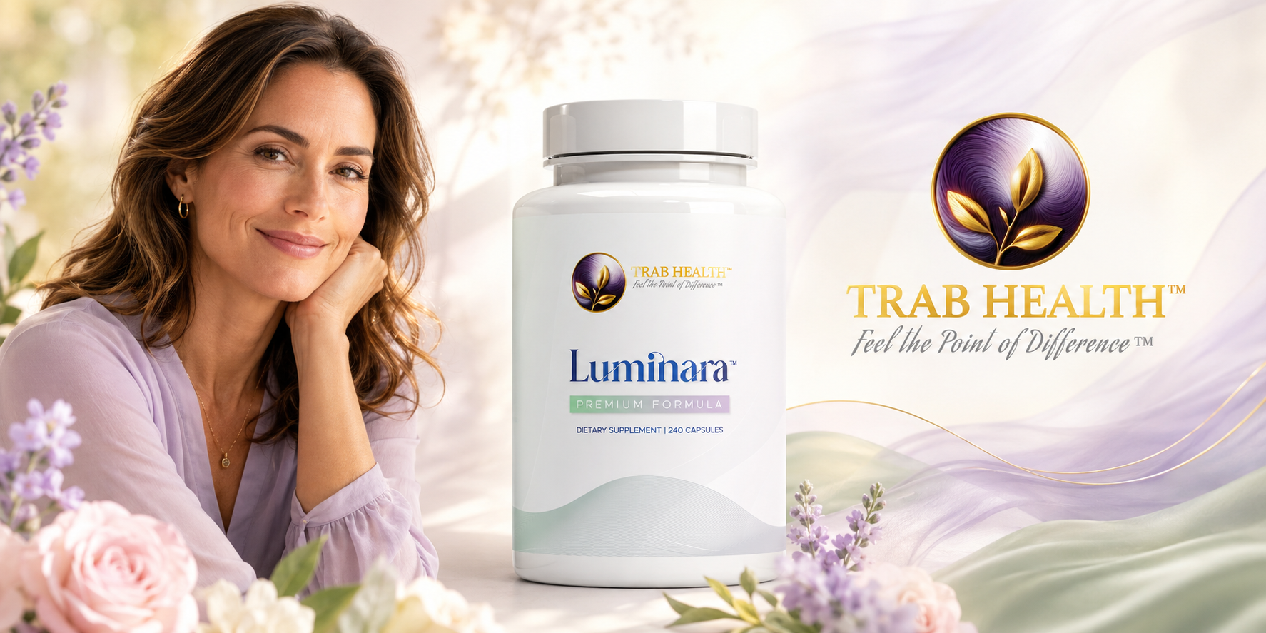 Woman smiling beside a supplement bottle labeled LuminarA by Trab Health