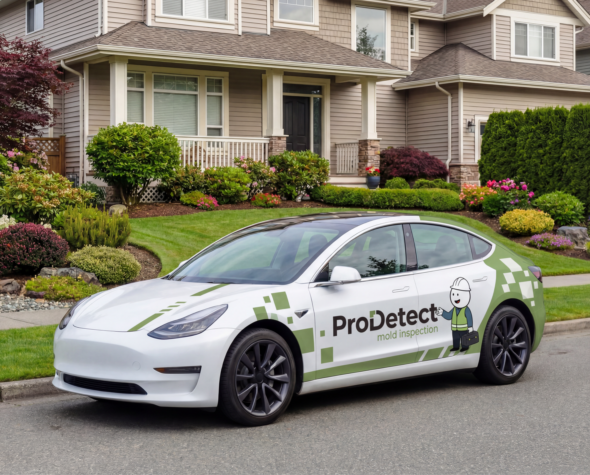 A white car with green graphics parked in front of a suburban home