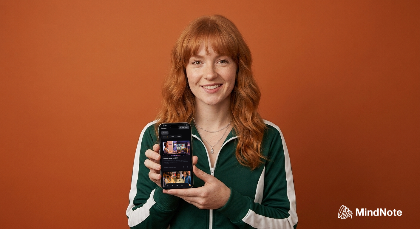 A smiling woman in a green tracksuit holds a smartphone displaying an app.
