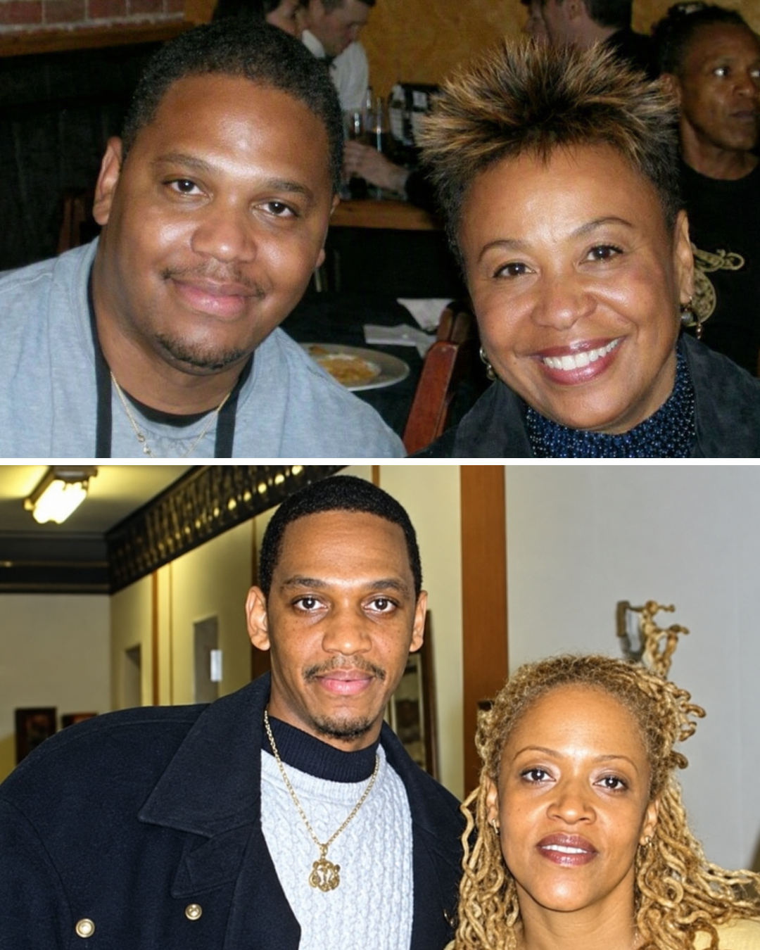 Two photos of people posing together in social settings.