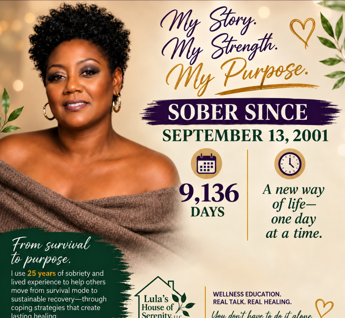A woman celebrating 9,136 days sober with a personal story and purpose statement