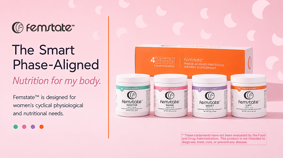Five dietary supplement jars arranged with text about women's nutritional support and phases