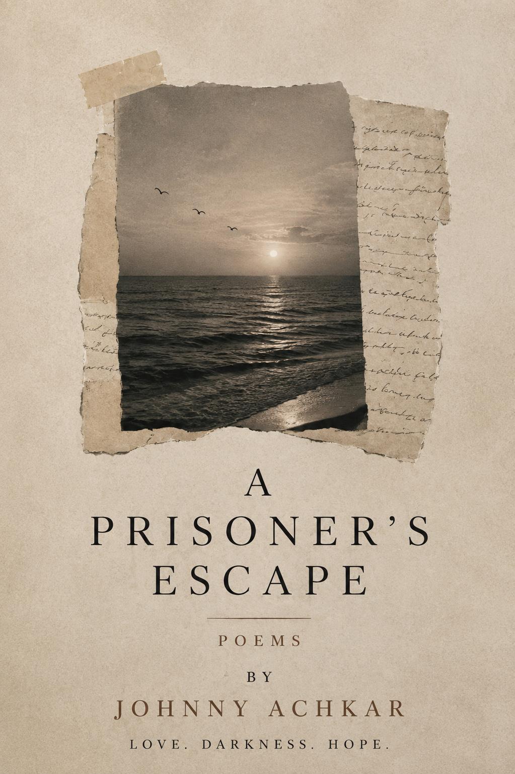 Book cover featuring a sunset over the ocean with torn paper elements and text