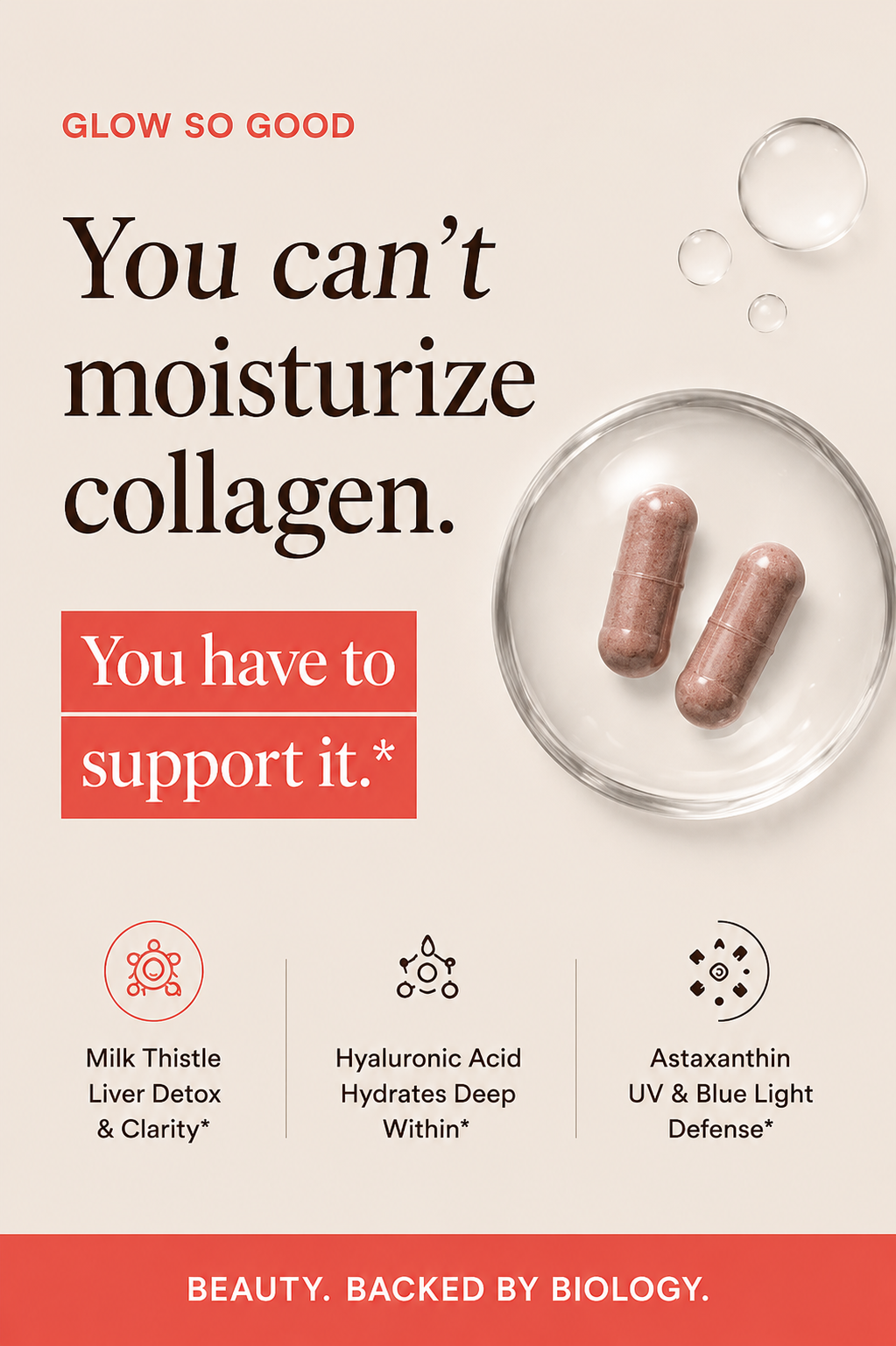 Promotional graphic featuring collagen support supplements and benefits of key ingredients