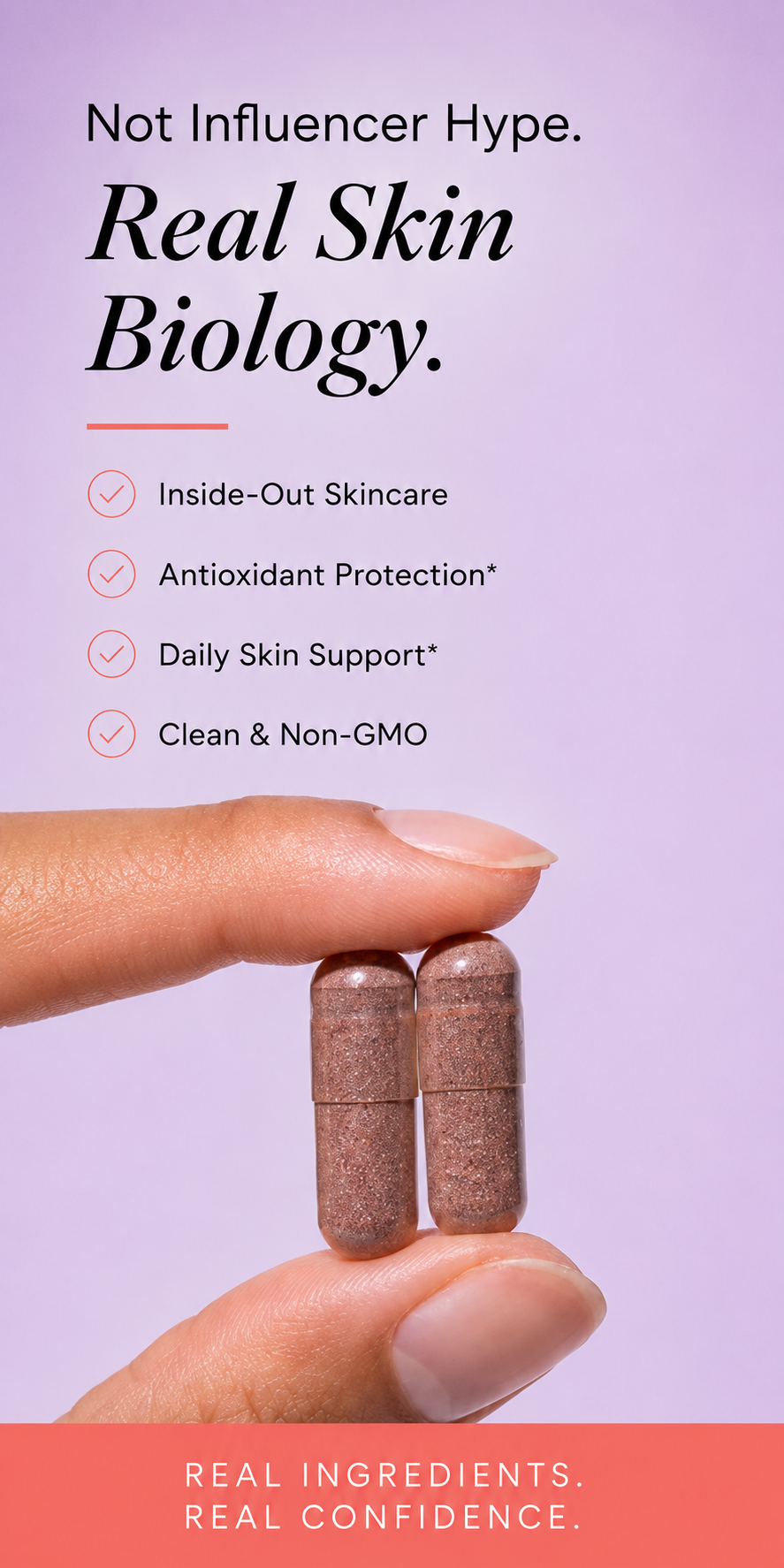 Hand holding two capsules promoting skincare with text on benefits and ingredient focus