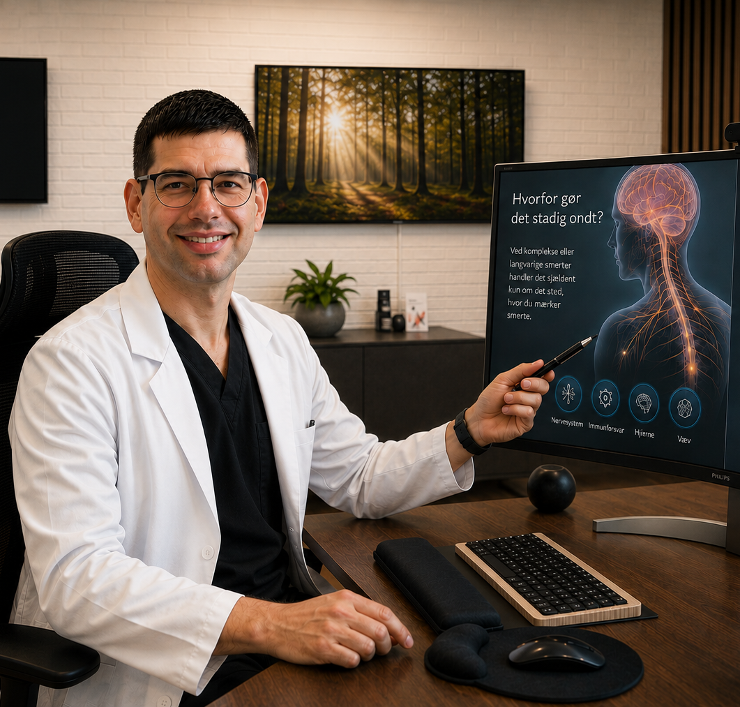 A medical professional in a lab coat explaining anatomy on a computer screen