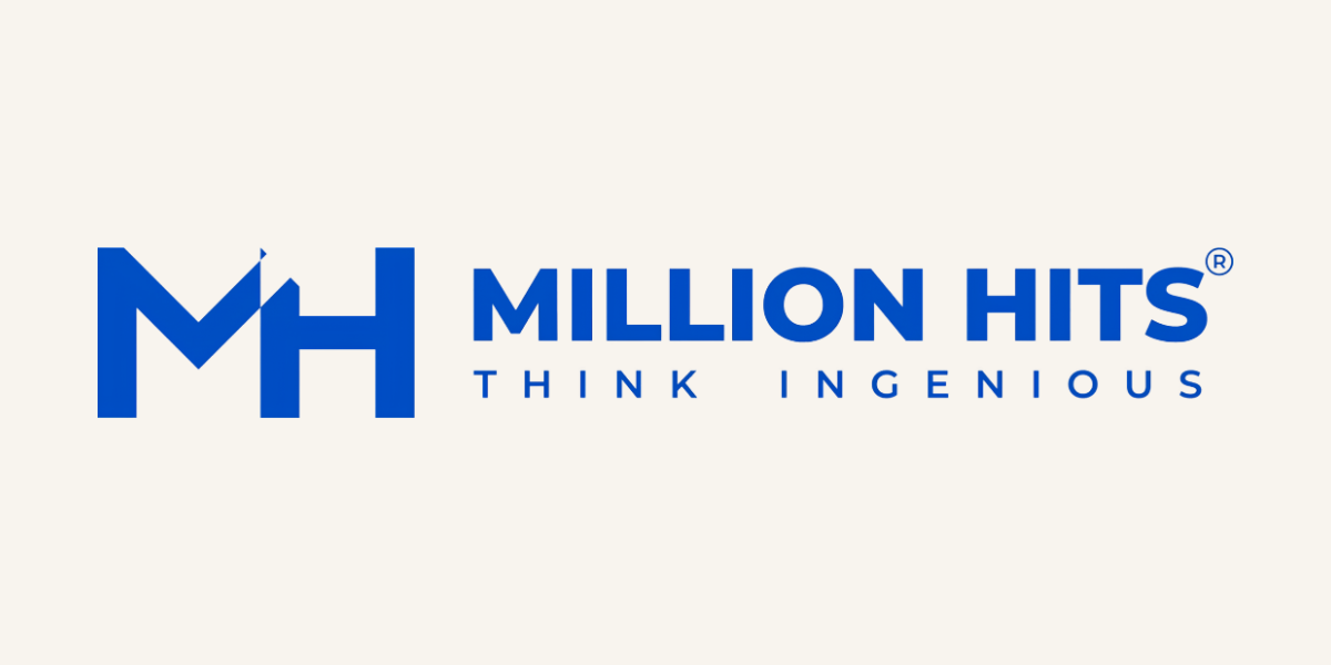 Logo for Million Hits featuring blue lettering and the tagline "THINK INGENIOUS"
